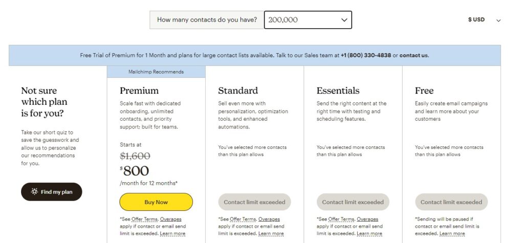 MailChimp pricing screenshot
