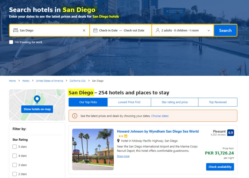 booking screenshot for San Diego hotels