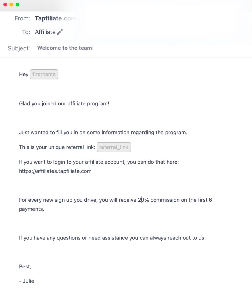 affiliate onboarding email