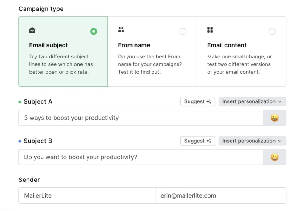 email a/b testing example