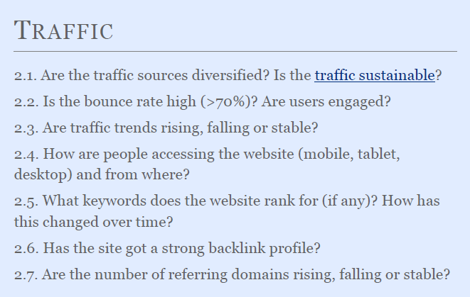 traffic evaluation of a website for sale