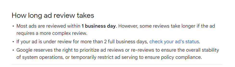 Google ads review time