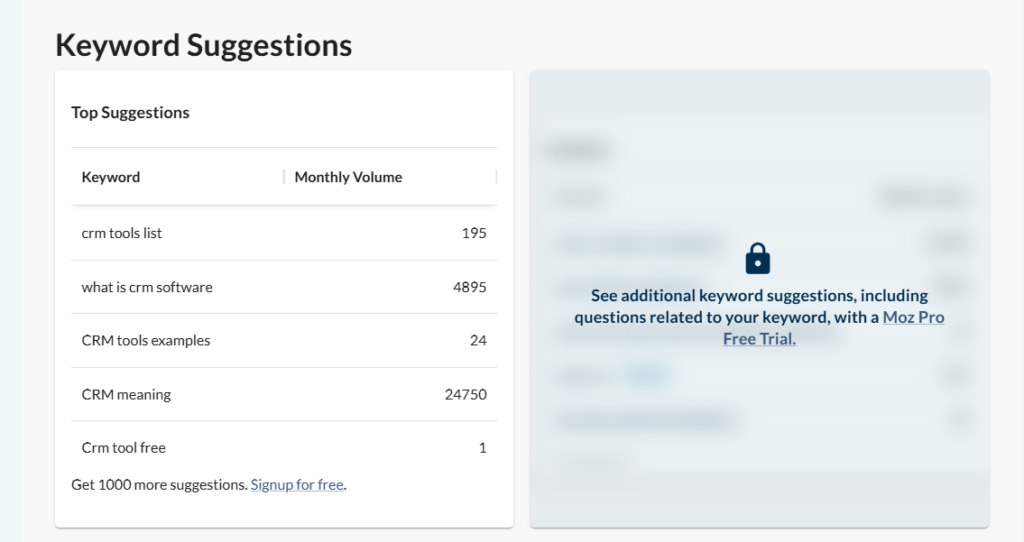 Moz screenshot of keyword tool