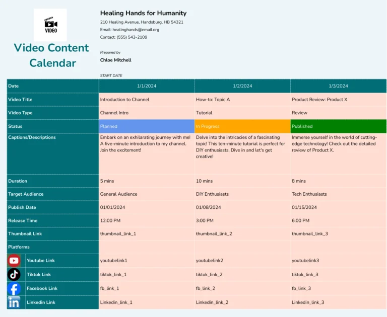 video content calendar template