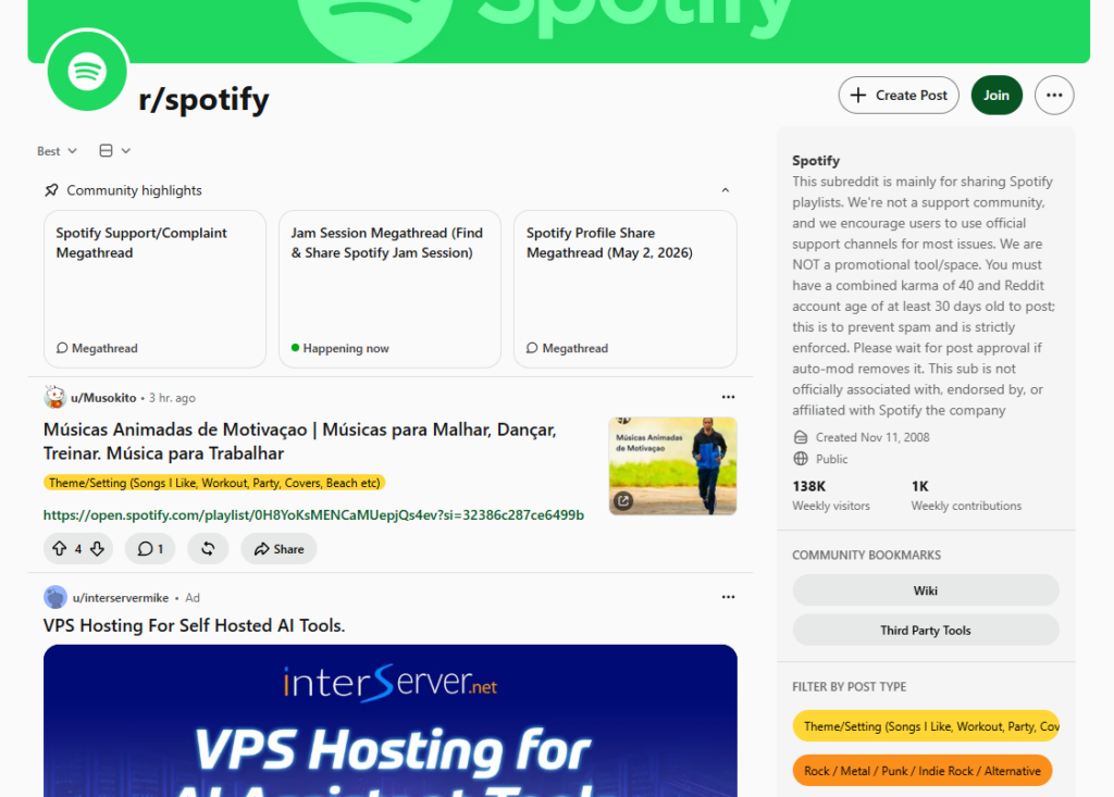 Spotify subreddit example